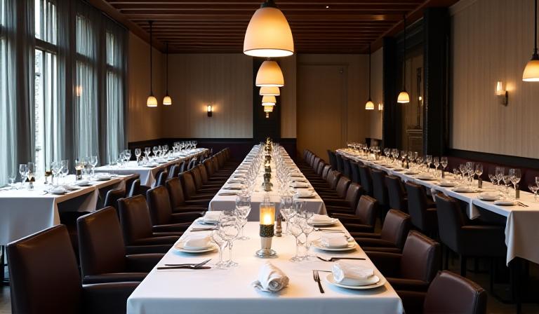 Interno del ristorante allestito per un evento aziendale moderno